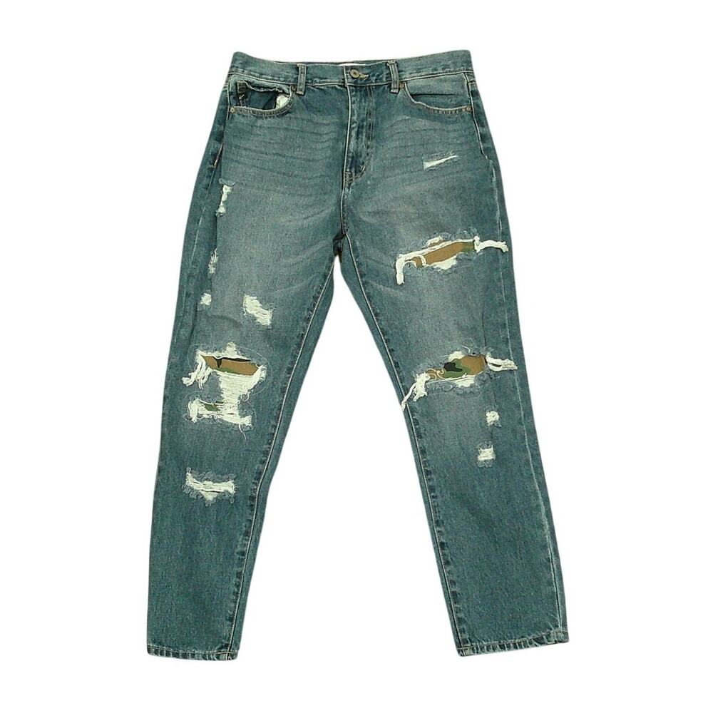 Kancan Straight Leg High Rise Distressed Jean with Camo Size 9/28